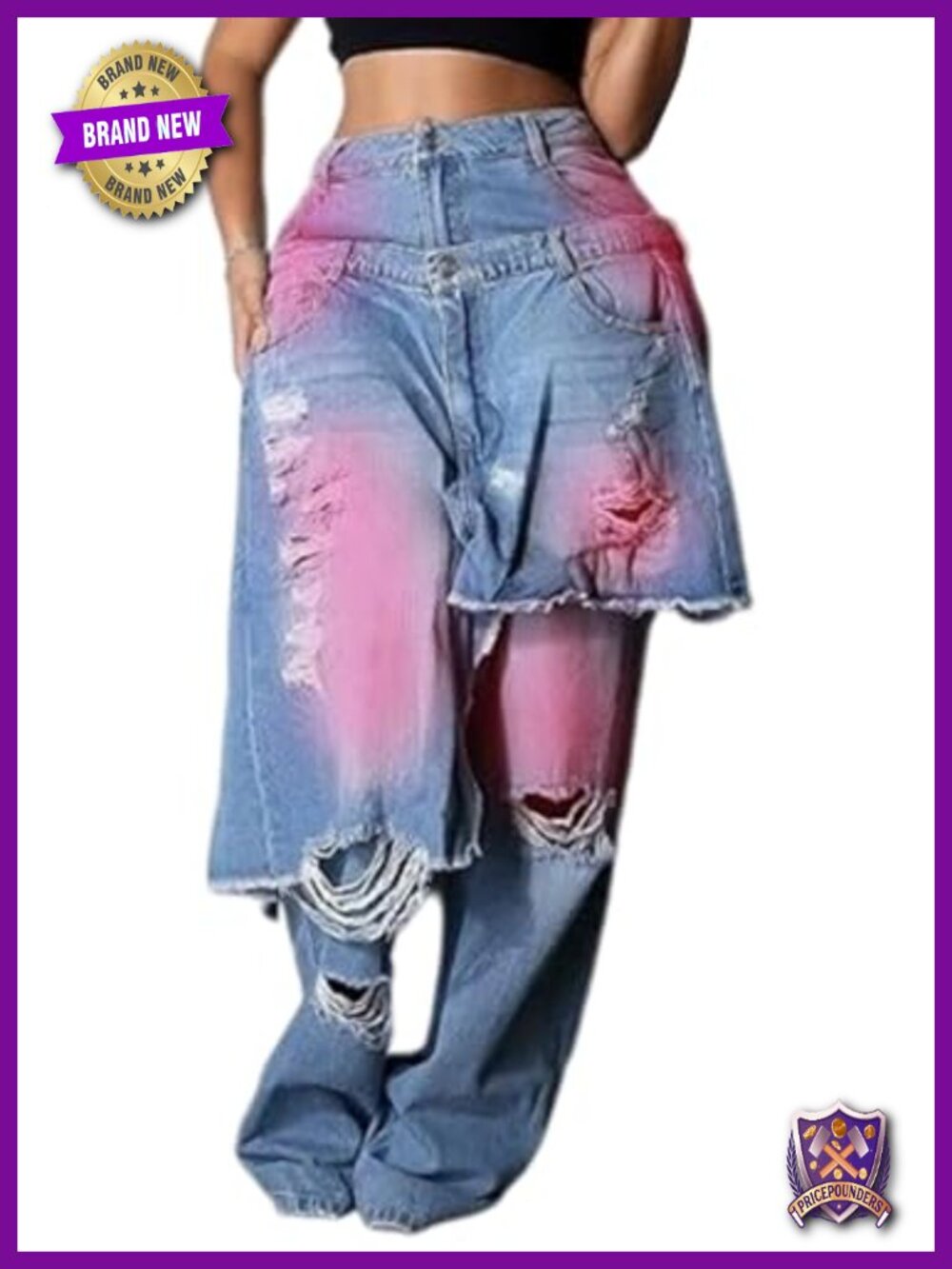 Women's Ripped Baggy Jeans High Waist Wide Leg Patchwork Streetwear